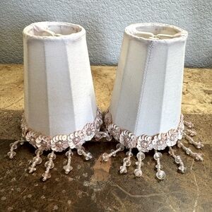 (2) 4” Tea Light Shades in Dusty Pink. Beads Sequins and Pearls 15 Watt Max New